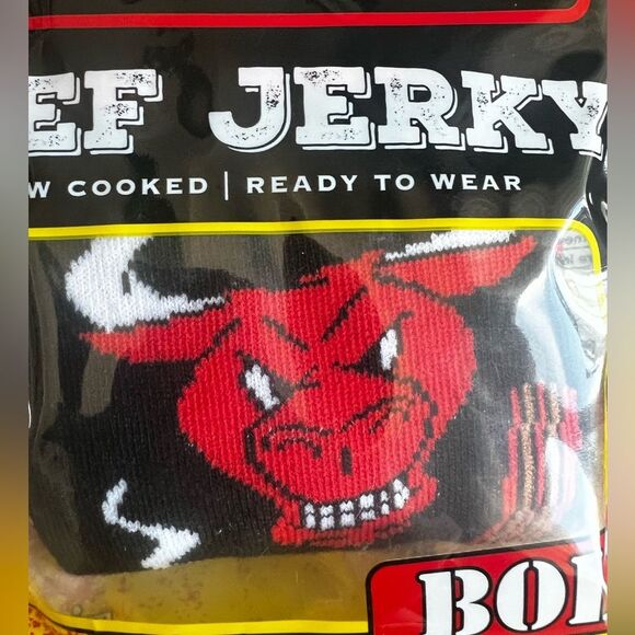 Beef Jerky Funny Men's Black and Red Novelty Crew Socks Great Gift One Size NEW - Picture 2 of 3